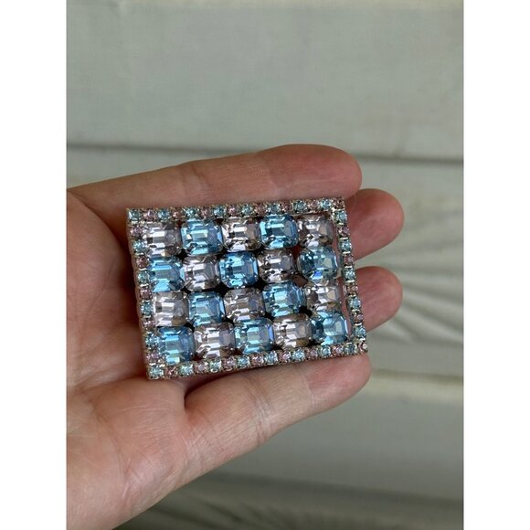 Vintage 50's Kramer NY Rhinestone Rectangle Brooch Blue Pale Lavender - Picture 5 of 10